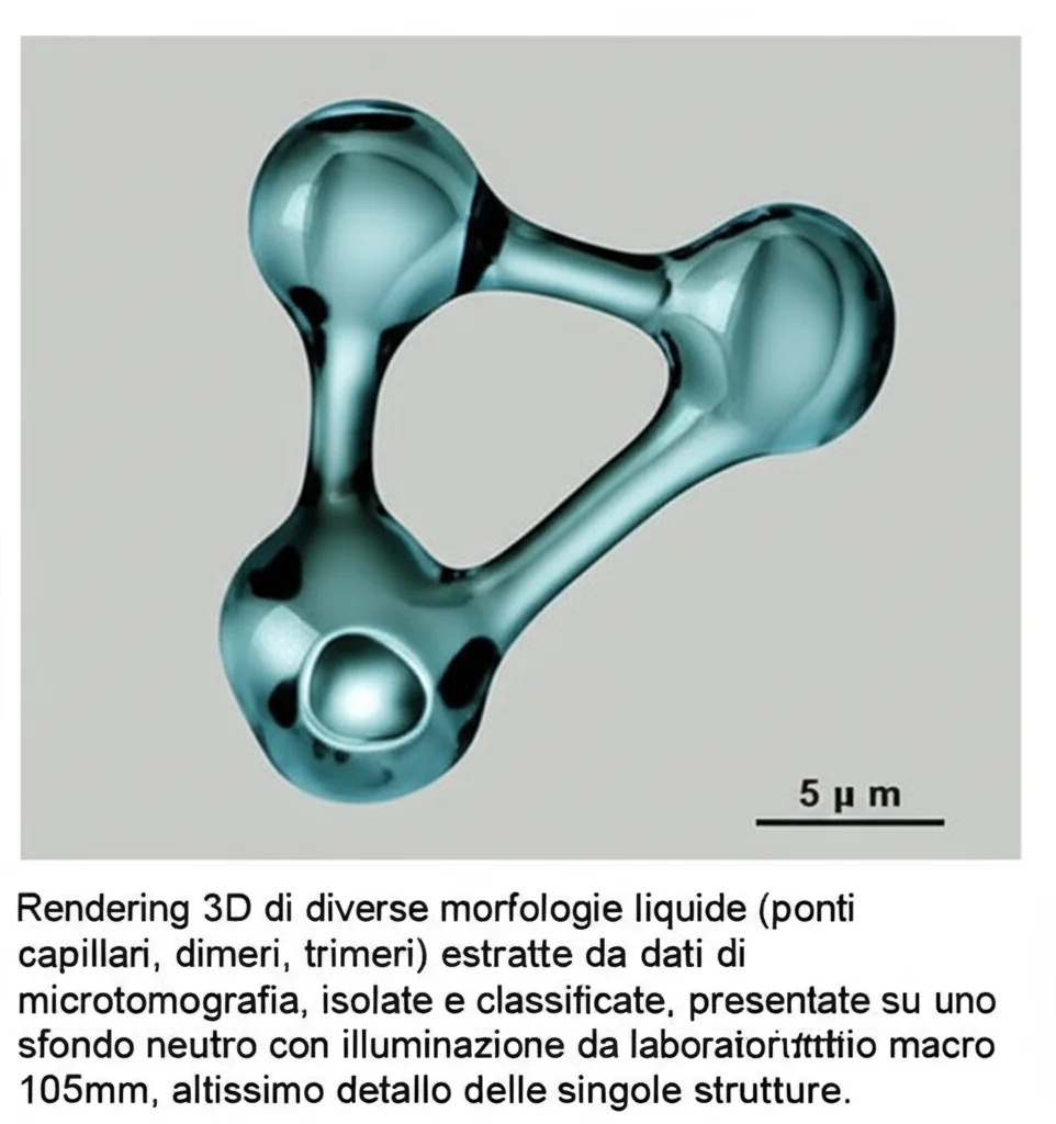 Rendering 3D di diverse morfologie liquide (ponti capillari, dimeri, trimeri) estratte da dati di microtomografia, isolate e classificate, presentate su uno sfondo neutro con illuminazione da laboratorio, obiettivo macro 105mm, altissimo dettaglio delle singole strutture.