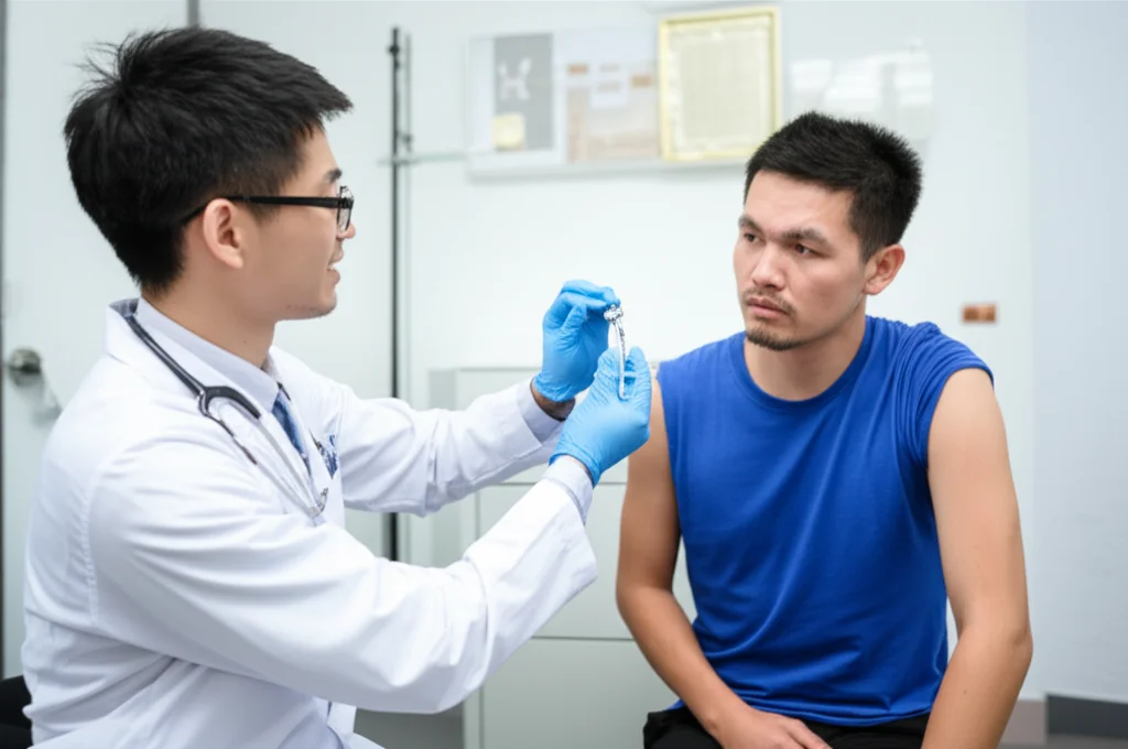 Un medico sorridente in un moderno ambulatorio rurale cinese esamina attentamente una fiala di insulina prima di mostrarla a un paziente diabetico seduto di fronte a lui. L'ambiente è luminoso e pulito. Macro lens, 85mm, high detail, precise focusing, controlled lighting.