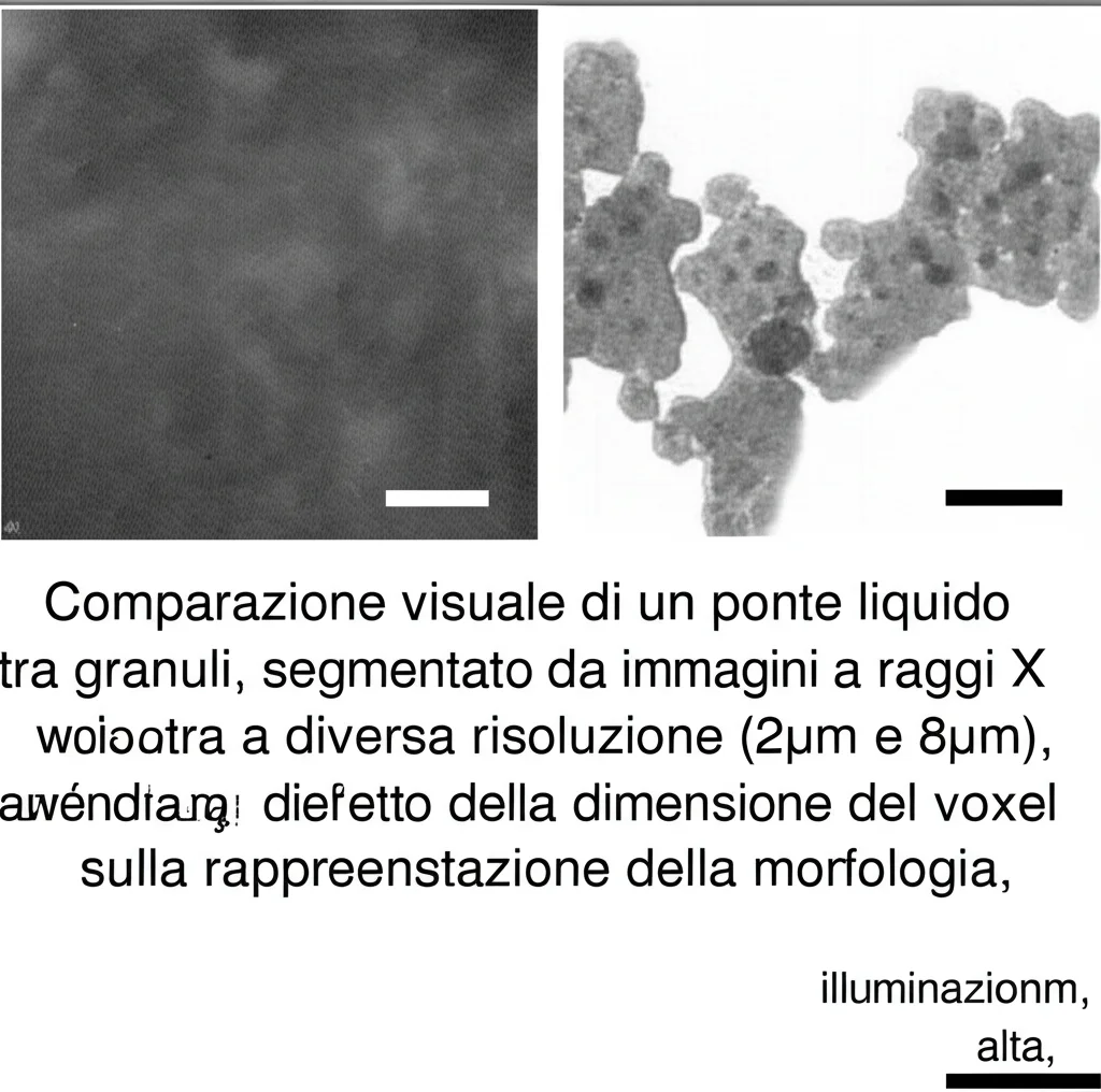 Comparazione visuale di un ponte liquido tra granuli, segmentato da immagini a raggi X a diversa risoluzione (2µm e 8µm), evidenziando l'effetto della dimensione del voxel sulla rappresentazione della morfologia, illuminazione macro, alta definizione.