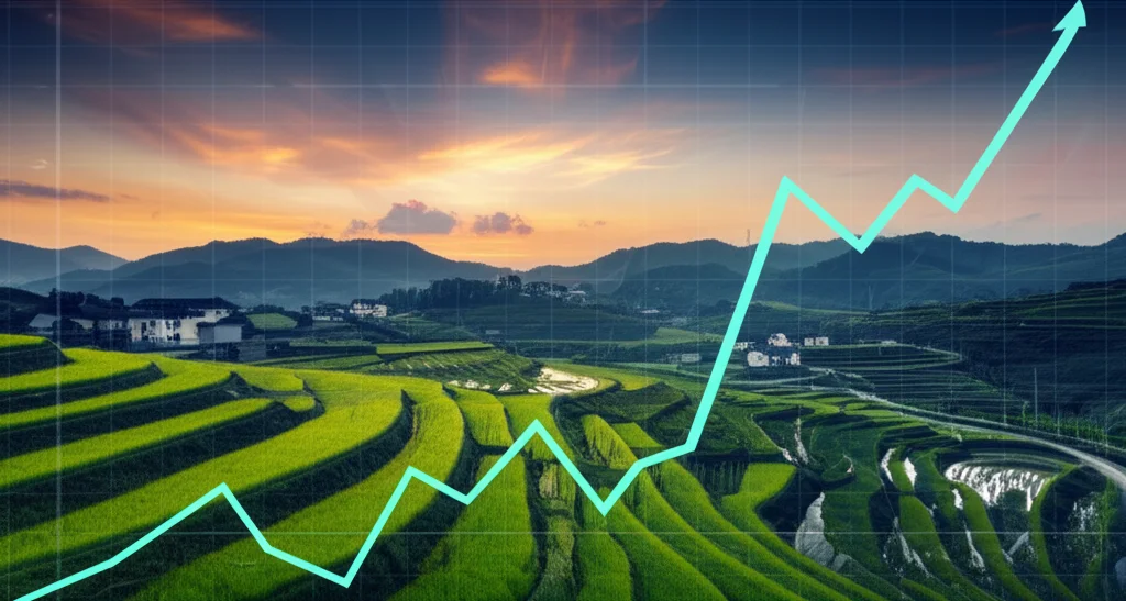 Un paesaggio rurale cinese al tramonto, con campi coltivati e piccole abitazioni. In sovrimpressione semi-trasparente, un grafico stilizzato che mostra una linea di costi sanitari che prima sale e poi si stabilizza. Wide-angle, 10mm, long exposure, smooth clouds, duotone arancione e blu scuro.