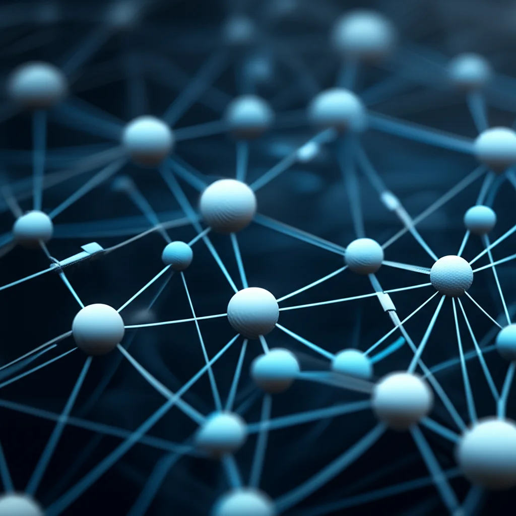 Un'immagine concettuale che mostra nodi interconnessi e fluttuanti, alcuni più definiti altri più sfumati, con frecce che indicano movimento e cambiamento, a simboleggiare dati linguistici fuzzy dinamici. Utilizzare una palette di colori blu e grigi, con un effetto di profondità di campo. Obiettivo prime, 35mm, stile duotone blu e grigio.