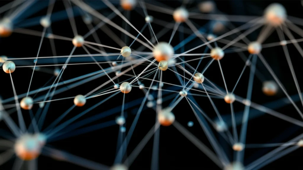 Visualizzazione di un reticolo di concetti complesso ma elegante, con nodi che rappresentano dati linguistici dinamici (alcuni nodi potrebbero apparire 'incompleti' o in via di definizione). Illuminazione controllata per evidenziare la struttura. Obiettivo macro, 70mm, alta definizione, messa a fuoco precisa.