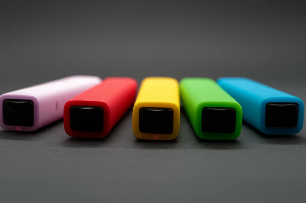 Primo piano di diverse sigarette elettroniche usa e getta colorate, disposte in modo accattivante su uno sfondo neutro. Macro lens, 80mm, high detail, precise focusing, controlled lighting, per evidenziare la varietà di gusti e il design moderno.