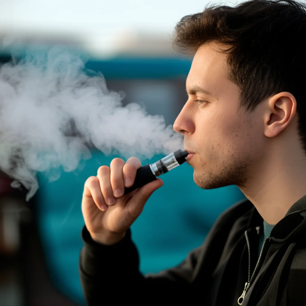 Un giovane adulto, ripreso di profilo mentre utilizza una sigaretta elettronica usa e getta, con una leggera nuvola di vapore che si dissolve nell'aria. 35mm portrait, depth of field, luce naturale soffusa, per trasmettere un senso di normalità ma anche di riflessione sul gesto.