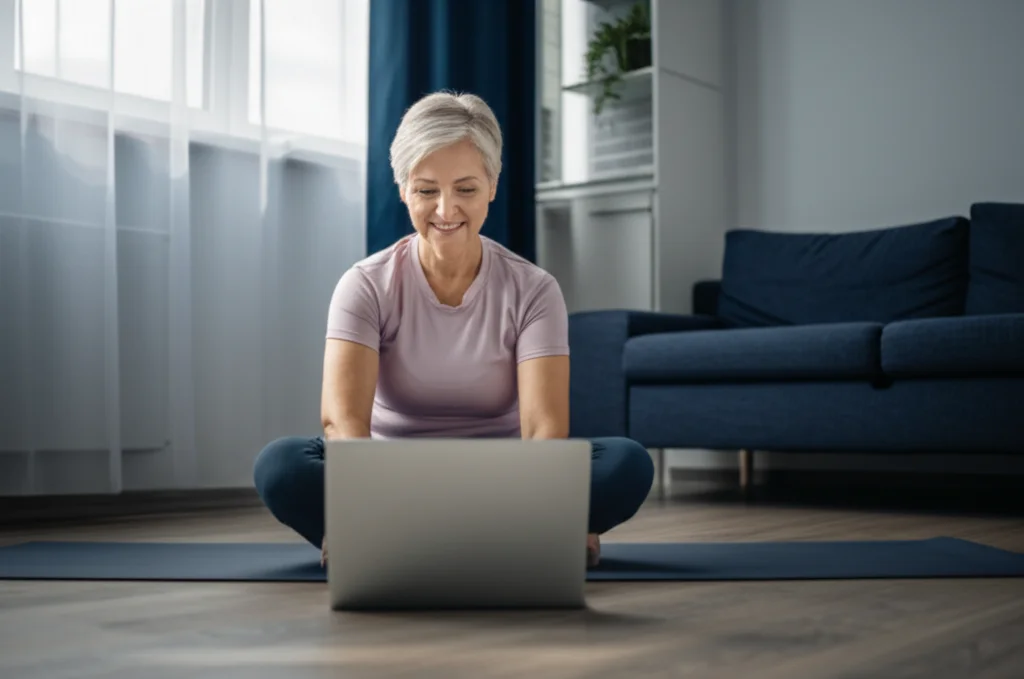 Una persona di mezza età sorridente, in abbigliamento sportivo comodo, partecipa a una sessione di ginnastica online dal suo salotto, guardando un laptop. Luce naturale dalla finestra. Prime lens, 35mm, depth of field, duotone blu e grigio per un'atmosfera calma e concentrata.