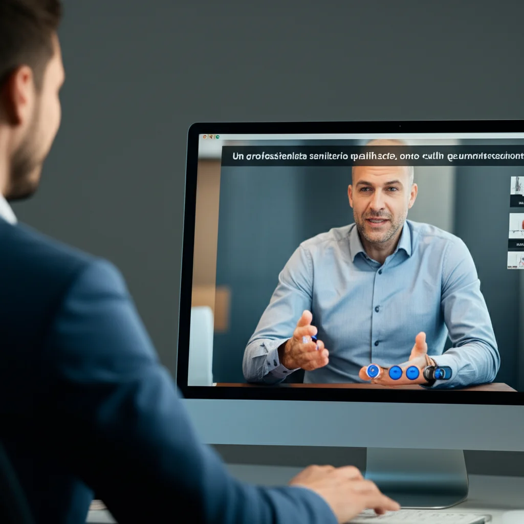 Un professionista sanitario qualificato, uomo sulla quarantina, con un sorriso rassicurante, conduce una sessione di counseling online via Zoom, visibile sullo schermo di un computer. L'interfaccia di Zoom è parzialmente visibile. Prime lens, 50mm, luce da studio controllata, sfondo neutro per focalizzare l'attenzione sul professionista.