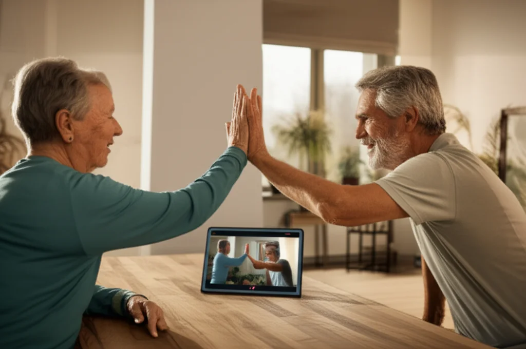 Due persone, un uomo e una donna di età diverse, che si danno il cinque con un sorriso dopo aver completato un esercizio insieme durante una lezione di fitness virtuale di gruppo, visibile sui loro rispettivi schermi di tablet in due diverse case. Telephoto zoom, 100mm, fast shutter speed per catturare il gesto, luce ambientale calda nelle rispettive stanze.