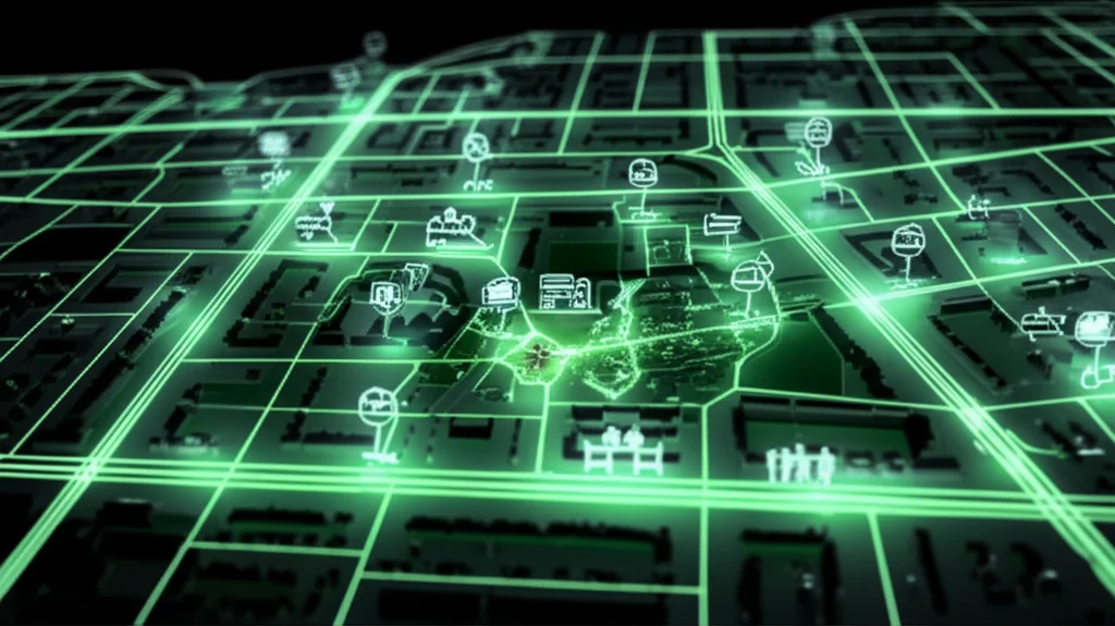 Una mappa stilizzata di un quartiere olandese con icone che rappresentano servizi sanitari, spazi verdi e punti di incontro comunitari, collegati da linee luminose che simboleggiano la 'sanità connessa'. L'immagine dovrebbe avere un aspetto pulito, moderno e infografico. Obiettivo macro da 100mm per catturare i dettagli della mappa, illuminazione uniforme e brillante.
