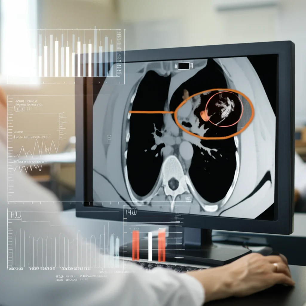 Visualizzazione di una scansione TC addominale su un monitor medicale, con un cerchio che evidenzia un calcolo renale e sovrapposizioni grafiche che indicano misurazioni HU, obiettivo prime 35mm, profondità di campo che sfoca lo sfondo della stanza ospedaliera.