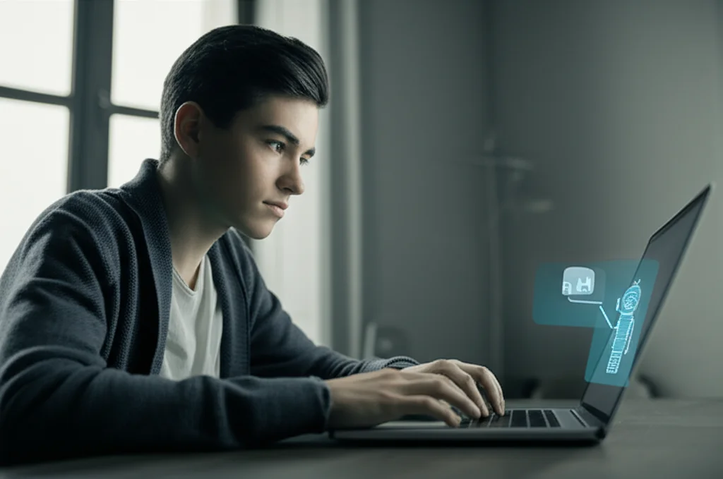 Uno studente adolescente seduto a una scrivania con un laptop aperto, espressione concentrata e curiosa mentre interagisce con un'interfaccia chatbot visibile sullo schermo. Luce soffusa da una finestra laterale, stile film noir, duotone blu e grigio, obiettivo da 35mm, profondità di campo che mette a fuoco lo studente e sfoca leggermente lo sfondo.