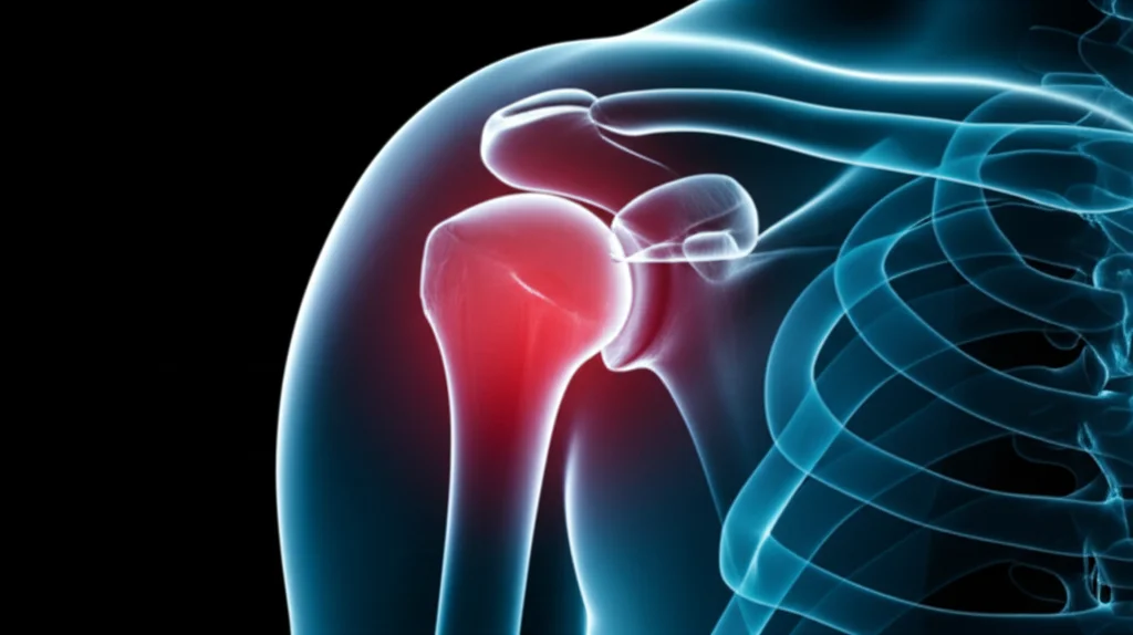 Primo piano di una spalla umana con evidenziazione della capsula articolare infiammata, stile radiografia medica a colori, illuminazione drammatica per enfatizzare il dolore, obiettivo macro 90mm, alta definizione dei tessuti.