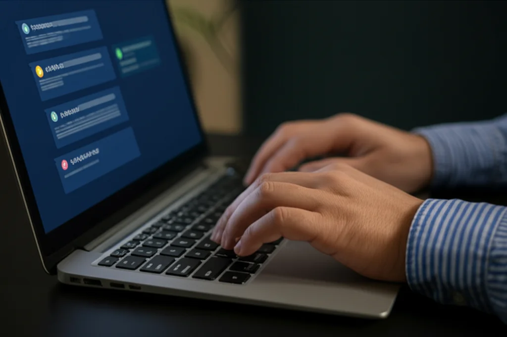 Primo piano sulle mani di uno studente che digitano sulla tastiera di un laptop. Sullo schermo del laptop è visibile un'interfaccia di un chatbot con suggerimenti di prompt per l'utente. Illuminazione controllata e precisa, alto dettaglio, obiettivo macro da 100mm, che mette a fuoco le dita e la tastiera.