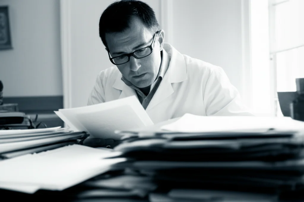 Un ricercatore medico con camice bianco, espressione pensierosa, guarda una pila di questionari su una scrivania ingombra di pubblicazioni scientifiche, luce da finestra laterale, obiettivo 35mm, profondità di campo che sfoca lo sfondo, bianco e nero con un tocco di blu duotone.