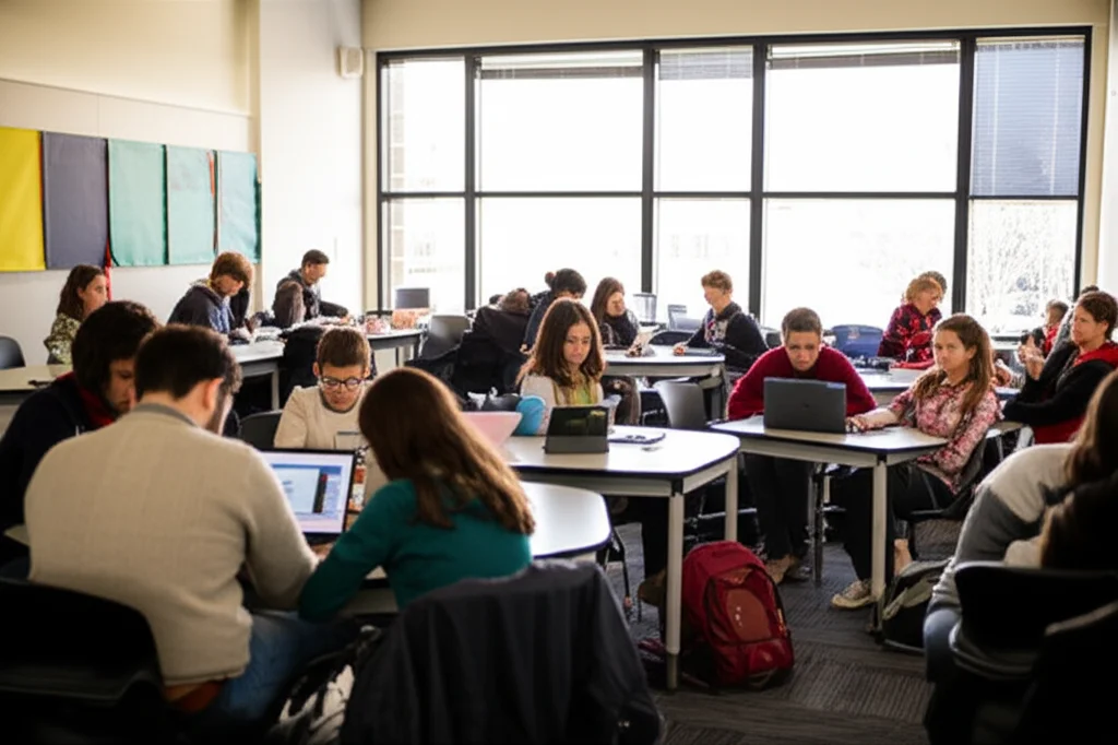 Un'aula scolastica vista da un'angolazione ampia, con studenti di diverse età che lavorano individualmente e in piccoli gruppi sui loro laptop e tablet. L'ambiente è moderno e collaborativo. Fotografia di paesaggio, obiettivo grandangolare da 10-24mm, messa a fuoco nitida su tutta la scena, luce naturale brillante che entra dalle finestre.