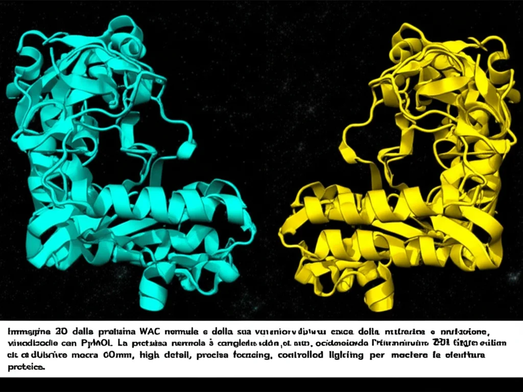 Immagine 3D della proteina WAC normale e della sua versione tronca a causa della mutazione, visualizzate con PyMOL. La proteina normale è completa, mentre quella mutata è visibilmente più corta, evidenziando l'amminoacido 554 dove avviene l'interruzione. Obiettivo macro 60mm, high detail, precise focusing, controlled lighting per mostrare la struttura proteica.