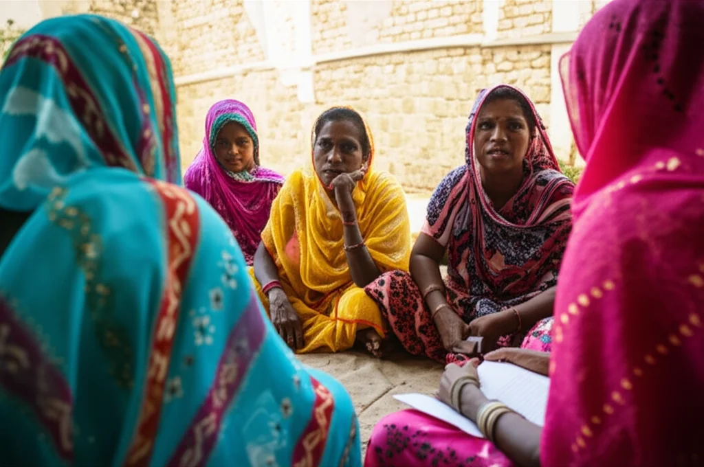 Un gruppo di donne indiane, membri di un collettivo Mahila Arogya Samiti, sedute in cerchio in un'area urbana informale (slum) durante una riunione mattutina. Stanno discutendo animatamente, alcune prendono appunti. Luce naturale soffusa, atmosfera di collaborazione. 35mm portrait, depth of field, colori caldi e vibranti.