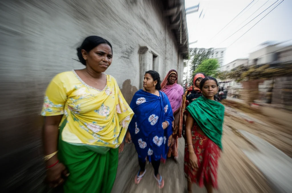 Donne di un collettivo MAS in India che ispezionano una pompa d'acqua comunitaria o un sistema di drenaggio in uno slum. Una di loro indica un problema, mentre le altre osservano con attenzione. Scena diurna, realistica. Telephoto zoom 100mm, action tracking, high detail.