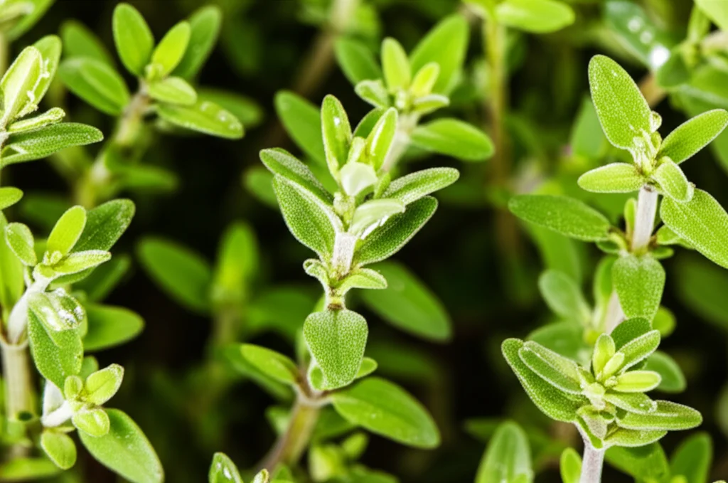 Macro fotografia di foglie di timo (Thymus vulgaris) in un sistema di coltivazione idroponica, con goccioline d'acqua sulle foglie che riflettono la luce. Illuminazione controllata per evidenziare la texture vellutata e i dettagli delle nervature, obiettivo macro 100mm, alta definizione, messa a fuoco precisa sulla superficie fogliare.