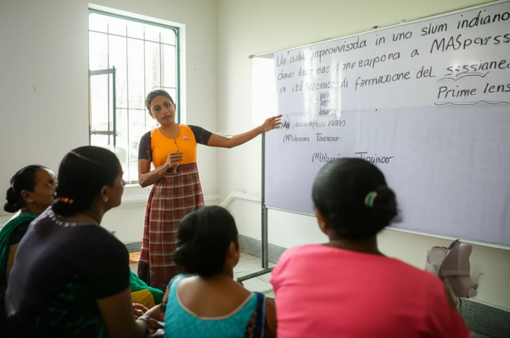 Un'aula improvvisata in uno slum indiano, dove donne del collettivo MAS partecipano a una sessione di formazione. Una formatrice (Mitanin Trainer) sta parlando, indicando una lavagna o del materiale illustrativo. Le partecipanti ascoltano attente. Prime lens 35mm, controlled lighting, focus sulle espressioni concentrate.