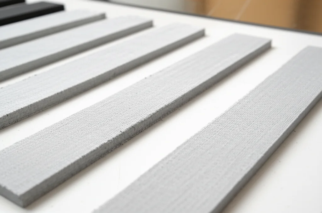 Immagine macro fotorealistica di diversi campioni di compositi TRC pronti per test meccanici, alcuni con fibre di vetro AR, altri con fibre di carbonio, disposti su un banco di laboratorio, illuminazione controllata per evidenziare le texture, obiettivo macro 60mm.