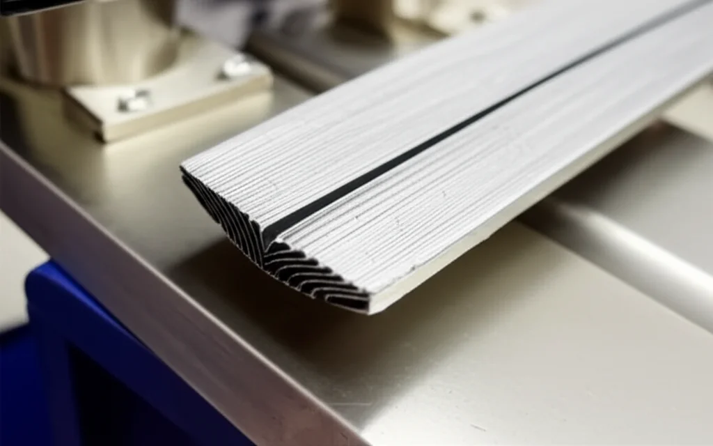 Fotografia sportiva di un campione TRC durante un test di flessione a quattro punti, catturato al momento della massima deformazione prima della rottura, con evidenza delle microfessure, obiettivo teleobiettivo zoom 100mm, alta velocità dell'otturatore per congelare l'azione.