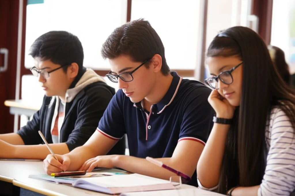 Un gruppo multietnico di studenti adolescenti concentrati mentre svolgono un test PISA in un'aula moderna e luminosa, fotografia di reportage, obiettivo 35mm, luce naturale diffusa, profondità di campo media per mettere a fuoco i volti.