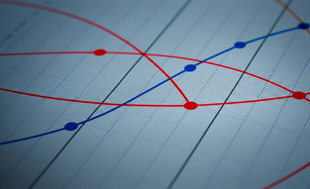 Visualizzazione astratta di dati statistici con grafici e curve che si intersecano, alcuni punti evidenziati in rosso a simboleggiare il DIF, fotografia macro, illuminazione da studio controllata, alta definizione, colori blu e grigio duotone.