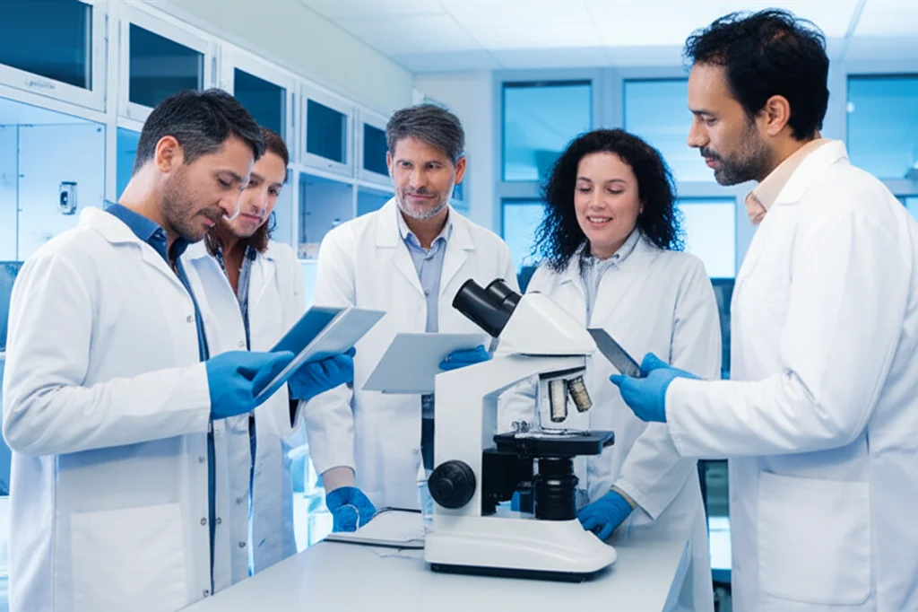 Un team multidisciplinare di medici, oncologi e patologi, in un moderno laboratorio di ricerca, discute animatamente davanti a un microscopio e schermi che mostrano immagini di cellule tumorali e dati genetici. Luce controllata, dettagli precisi. Obiettivo macro 60mm per focus sui dettagli delle immagini cellulari o prime 35mm per il ritratto di gruppo.