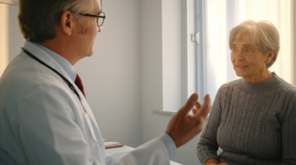 Un oncologo, in un ambulatorio accogliente ma essenziale, parla con una paziente, mostrando empatia e attenzione. Luce naturale soffusa dalla finestra. Obiettivo prime 35mm, profondità di campo per mettere a fuoco l'interazione, toni caldi per trasmettere speranza.