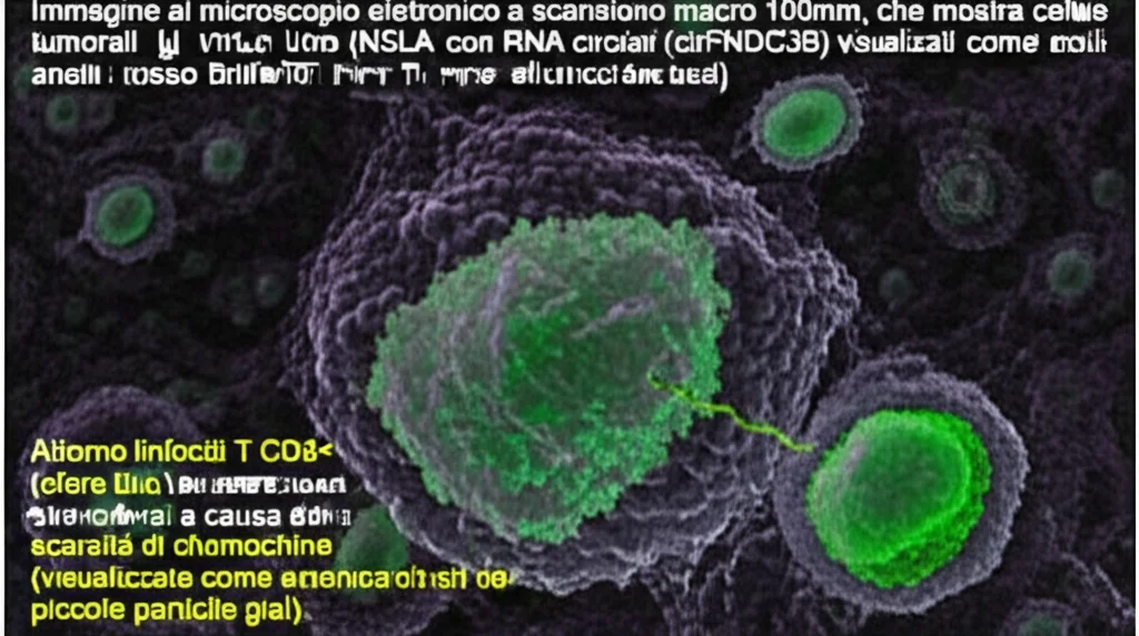 Immagine al microscopio elettronico a scansione, obiettivo macro 100mm, che mostra cellule tumorali polmonari (NSCLC) con RNA circolari (circFNDC3B) visualizzati come anelli rosso brillante all'interno dei nuclei. Attorno, linfociti T CD8+ (sfere blu) faticano ad avvicinarsi a causa della scarsità di chemochine (visualizzate come piccole particelle gialle). Illuminazione drammatica per evidenziare il contrasto, alta definizione dei dettagli cellulari.