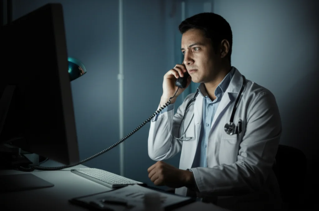 Un medico della guardia medica al telefono con un paziente preoccupato, espressione concentrata, in un ufficio medico notturno scarsamente illuminato. Prime lens, 35mm, depth of field, duotone blu e grigio.