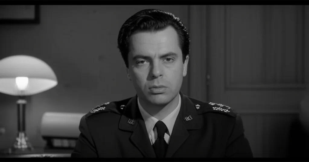 Ritratto di un poliziotto turco in uniforme, sguardo pensieroso ma risoluto, in un ambiente di ufficio scarsamente illuminato. Fotografia in bianco e nero, obiettivo da 35mm, stile film noir con profondità di campo per enfatizzare l'isolamento e la pressione del lavoro, ma anche la forza interiore. L'immagine vuole trasmettere la complessità emotiva e la necessità di controllo interno.