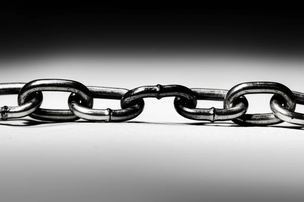 Immagine simbolica di una catena i cui anelli rappresentano PCOIS, resilienza, depressione e tendenze suicide. L'anello del PCOIS è forte e luminoso, influenzando positivamente l'anello della resilienza, che a sua volta indebolisce l'anello scuro della depressione, portando a un anello finale più debole per le tendenze suicide. Macro lens, 100mm, alta definizione, illuminazione controllata per enfatizzare i contrasti e la connessione tra gli anelli.