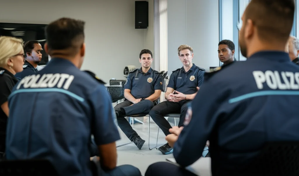 Un gruppo di poliziotti, uomini e donne di diverse etnie, partecipa a un workshop sul benessere mentale in una sala luminosa e moderna. Sono seduti in cerchio, ascoltando attentamente un formatore. Obiettivo grandangolare, 24mm, per catturare l'atmosfera collaborativa e di apprendimento, con focus nitido sulle espressioni concentrate dei partecipanti. L'immagine trasmette speranza e azione preventiva.