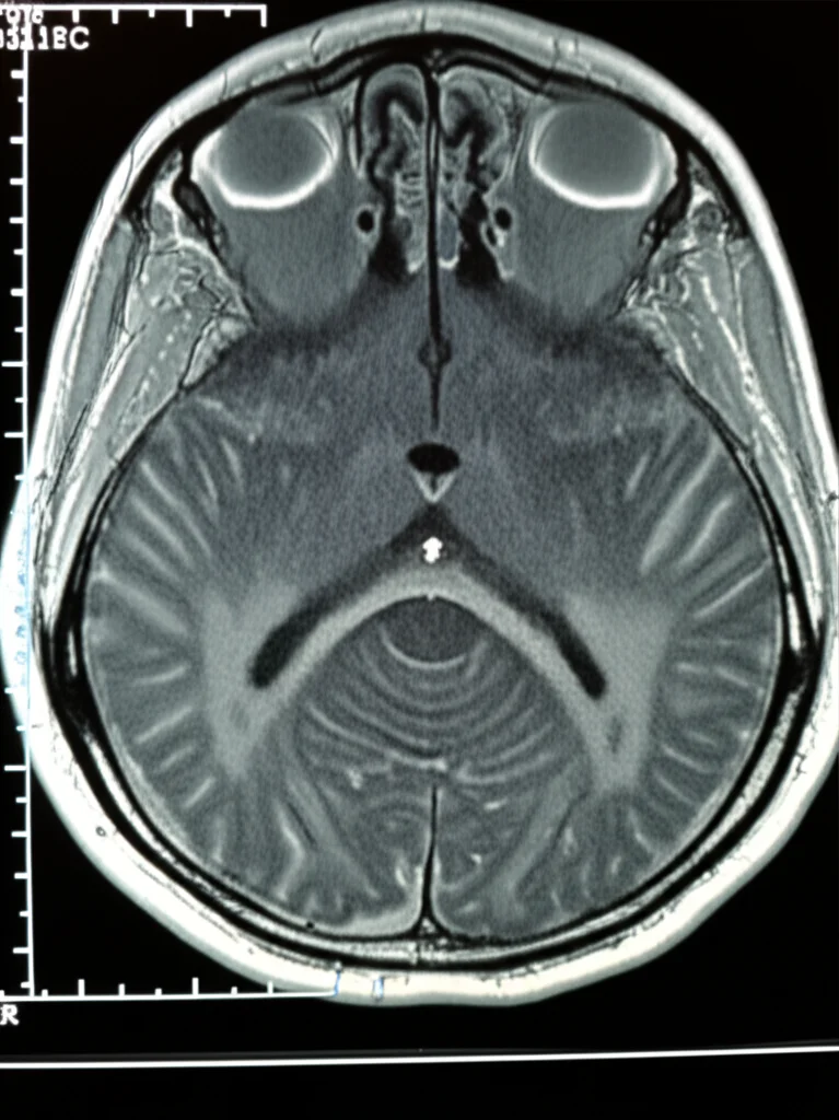 Immagine fotorealistica di una risonanza magnetica cerebrale, sezione assiale T1 post contrasto, che mostra multiple lesioni cistiche metastatiche, una delle quali comprime il cervelletto. Macro lens, 100mm, alta definizione, illuminazione controllata per evidenziare le lesioni.