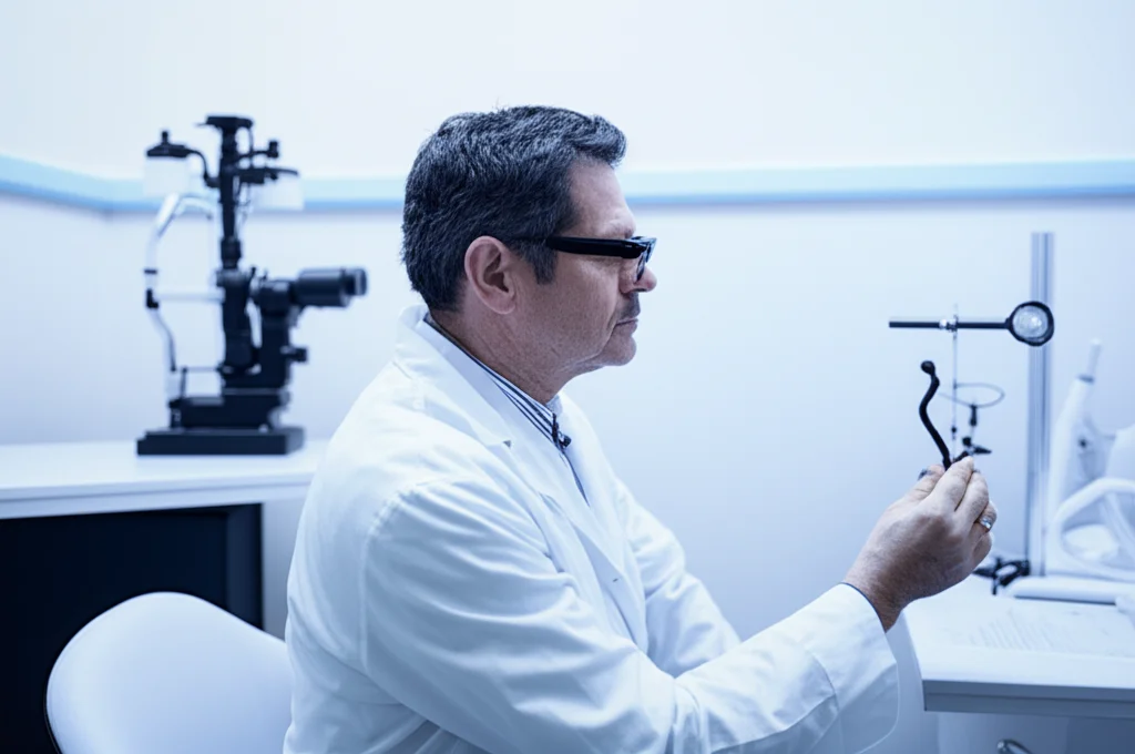Medico neurologo che esamina un paziente con vertigini, utilizzando occhiali di Frenzel in un ambulatorio ben illuminato. Ritratto, obiettivo 35mm, profondità di campo per mettere a fuoco medico e paziente, toni seppia e blu duotone.