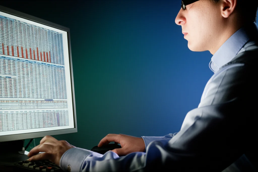 Primo piano di un ricercatore che analizza dati statistici su un computer, con grafici e tabelle visibili sullo schermo, obiettivo macro 60mm, illuminazione controllata, alta definizione.