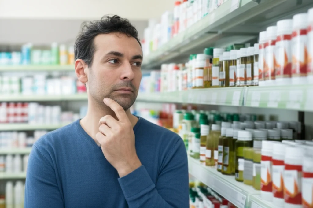 Un uomo di mezza età, pensieroso, di fronte a uno scaffale di farmacia con prodotti naturali per la salute maschile, luce soffusa, obiettivo da 50mm, profondità di campo.