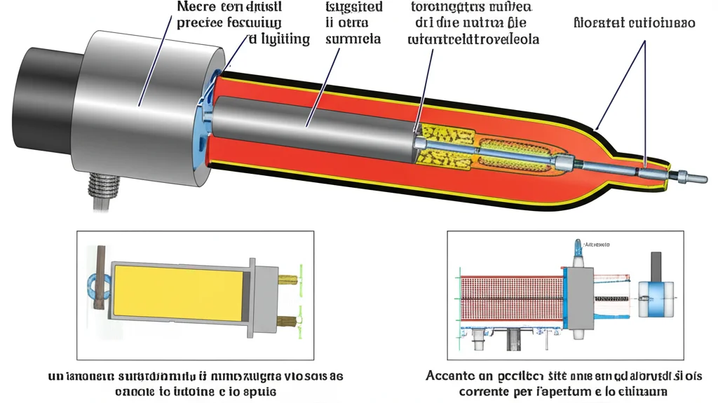 Macro 60mm lens, high detail, precise focusing, controlled lighting, un'immagine ravvicinata di una microelettrovalvola sezionata, evidenziando il magnete permanente, le bobine e lo spillo. Accanto, un grafico stilizzato che mostra gli impulsi di corrente per l'apertura e la chiusura.
