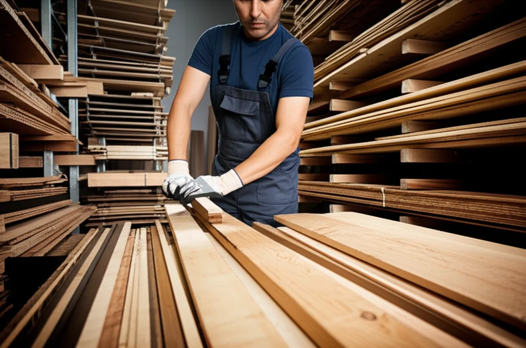 Magazzino ben organizzato con scaffalature piene di legname di recupero assortito, travi, pannelli e assi di diverse dimensioni e tipologie. Illuminazione controllata che evidenzia le texture del legno, focus preciso sui dettagli delle venature e dei nodi, obiettivo macro 60mm, alta definizione. Un operaio con guanti sta catalogando alcuni pezzi.