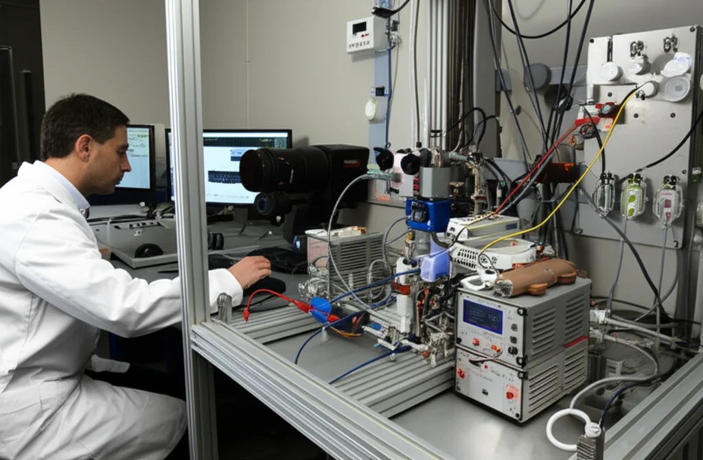 Telephoto zoom 100-400mm, fast shutter speed, action tracking, un banco di prova sperimentale con tubi, sensori di pressione e flusso, e la microelettrovalvola al centro, collegata a strumentazione elettronica. Un tecnico in camice bianco osserva i dati su un monitor.