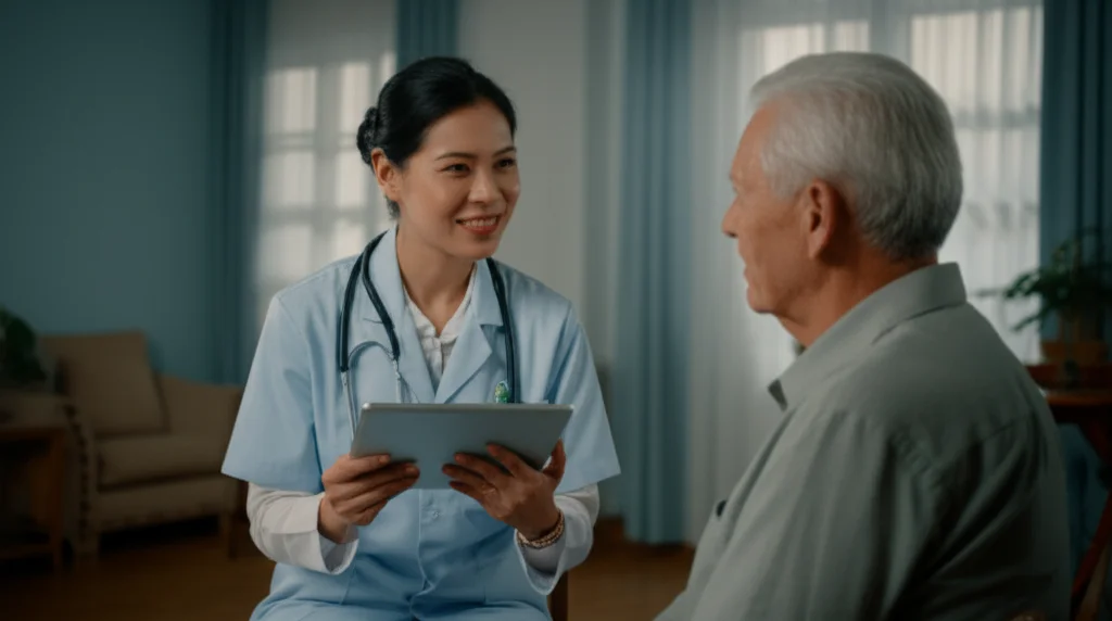 Un operatore sanitario thailandese, sorridente e professionale, conduce un'intervista faccia a faccia con un residente anziano in una casa modesta ma pulita nel distretto di Bangkoknoi. L'operatore utilizza un tablet. Luce naturale soffusa dalla finestra. Dettaglio sull'interazione umana. Prime lens, 35mm, depth of field.