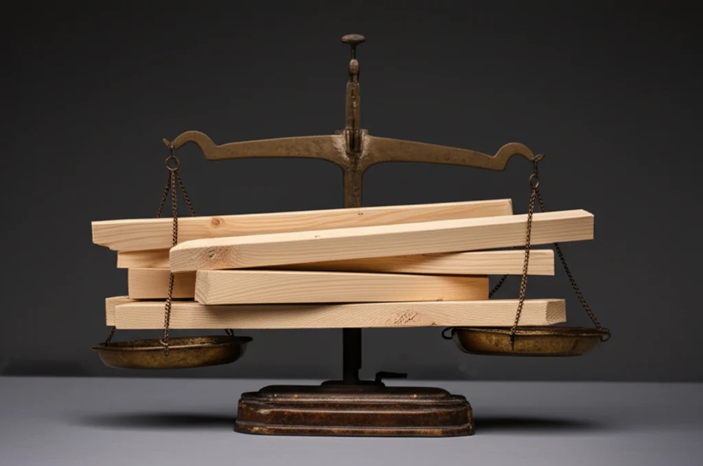 Primo piano di una bilancia commerciale antica in ottone, su un piatto una pila ordinata di legname vergine fresco, lucido e perfetto, sull'altro una pila più disordinata di legname di recupero con chiodi parzialmente visibili e segni del tempo. La bilancia pende leggermente verso il legno vergine. Luce da studio controllata, obiettivo macro 100mm, alta definizione dei dettagli, sfondo neutro scuro.