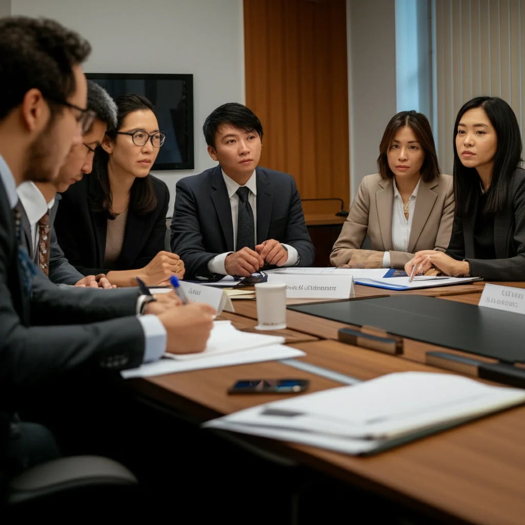 Un gruppo diversificato di membri della comunità di Bangkoknoi e professionisti sanitari seduti attorno a un tavolo in una sala riunioni luminosa, discutono animatamente e collaborano su dei documenti. Espressioni concentrate ma positive. Zoom lens, 50mm, luce naturale, scena di collaborazione.