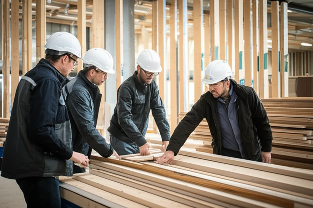 Gruppo diversificato di quattro persone (architetti, ingegneri, costruttori) in un cantiere edile luminoso, riuniti attorno a un tavolo da lavoro su cui sono disposti campioni di legno di recupero di varie essenze e finiture. Stanno discutendo animatamente e indicando i materiali, sullo sfondo strutture in legno in costruzione. Obiettivo zoom 24-70mm, profondità di campo per mantenere a fuoco sia le persone che i materiali, luce naturale proveniente da grandi finestre.