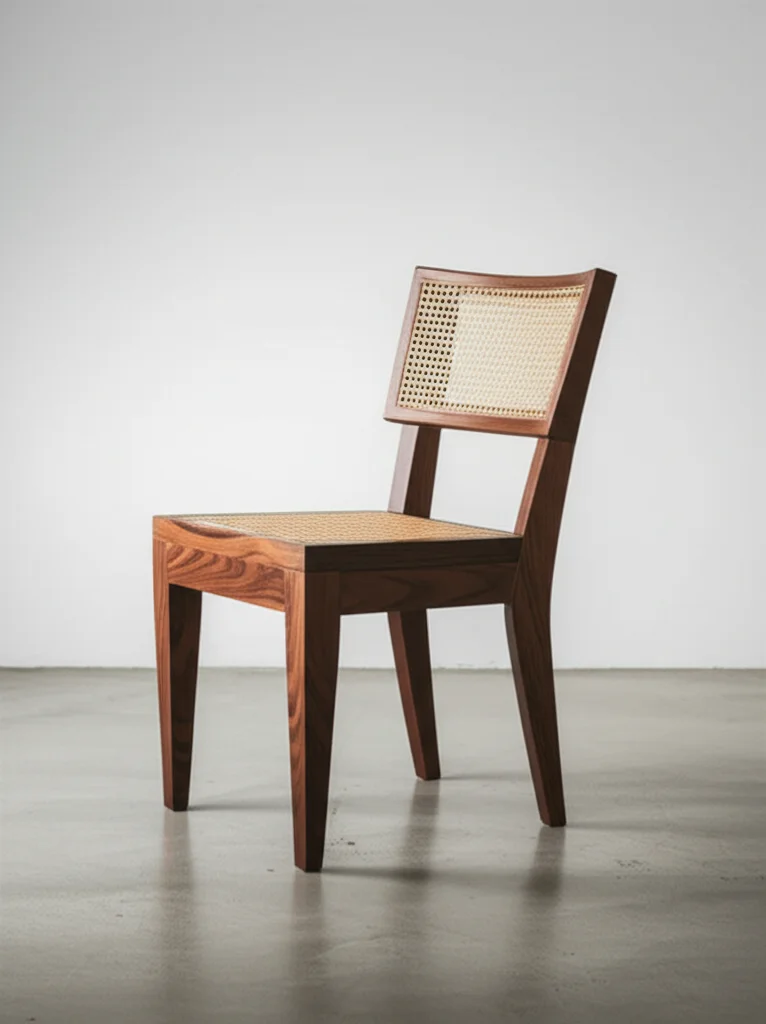 Elegante sedia di design contemporaneo realizzata interamente con legno di recupero, le cui venature, nodi e piccole imperfezioni sono lasciate a vista come testimonianza della sua storia. La sedia è ambientata in un interno minimalista e luminoso, con una parete bianca e pavimento in cemento lucidato. Obiettivo macro 85mm per catturare i dettagli del legno, alta definizione, illuminazione da studio morbida e diffusa.