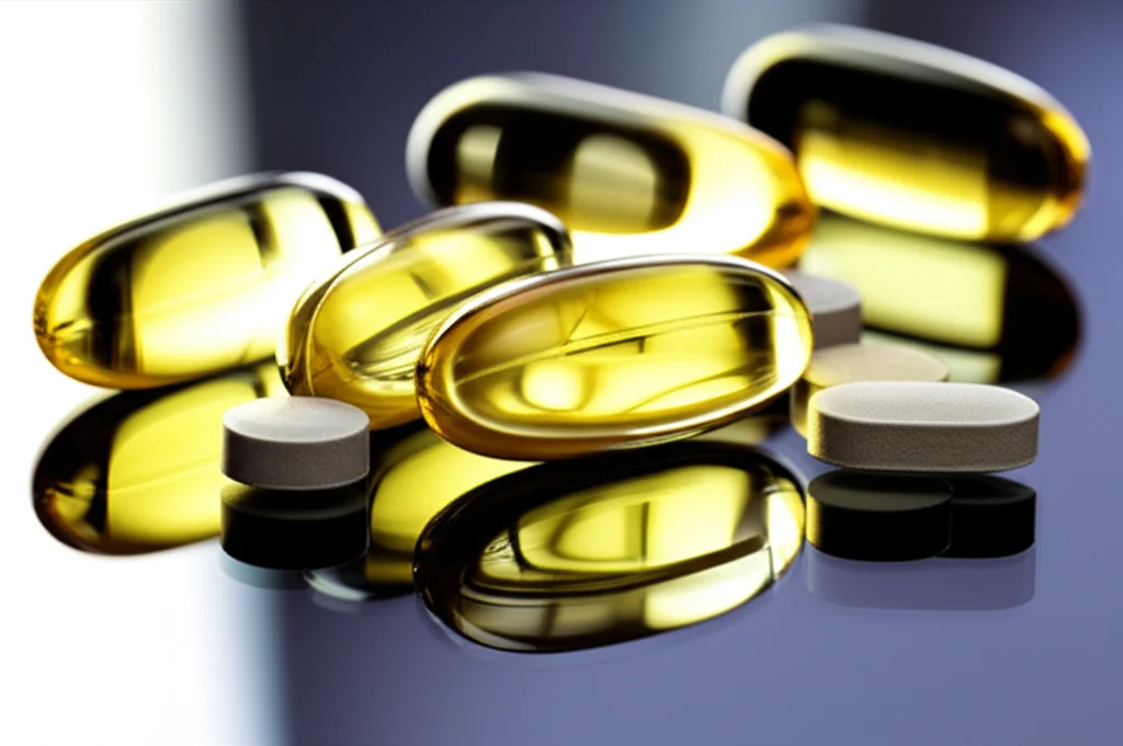 Lenti macro, 60 mm, dettagli elevati, messa a fuoco precisa, illuminazione controllata, una composizione naturale di varie pillole di vitamina B (B2, B3, B5) insieme a piccole rappresentazioni metalliche di zinco e elementi di ferro, disposti in modo ordinato su una superficie pulita e riflessiva, simboleggiando i biomarcatori sotto studio.