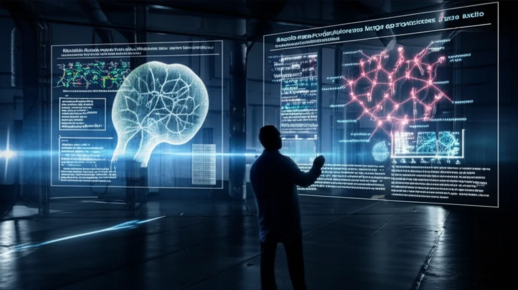 Grande angolo, 10 mm, lunga esposizione, focus acuto, un ambiente di laboratorio medico futuristico di notte, con flussi di dati luminosi che rappresentano l'analisi dell'intelligenza artificiale di campioni di sangue, un ricercatore in silhouette che osserva un grande display olografico che mostra biomarcatori interconnessi e classificazioni delle malattie per le condizioni di mucosa orale.