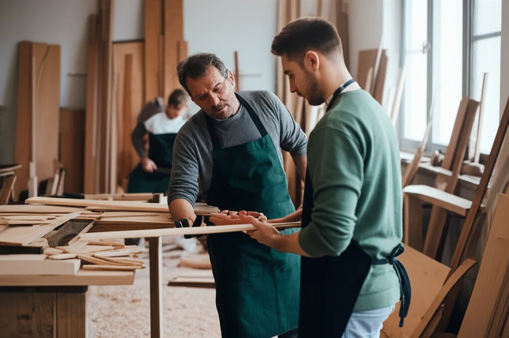 Un artigiano esperto con grembiule da lavoro, in una falegnameria ben illuminata e ordinata, sta mostrando a un giovane apprendista come selezionare e preparare assi di legno di recupero. Trucioli di legno sono sparsi sul pavimento. Luce naturale entra da una finestra. Obiettivo prime 50mm, profondità di campo per mettere a fuoco i due soggetti e sfocare leggermente lo sfondo, atmosfera di apprendimento e trasmissione di saperi.