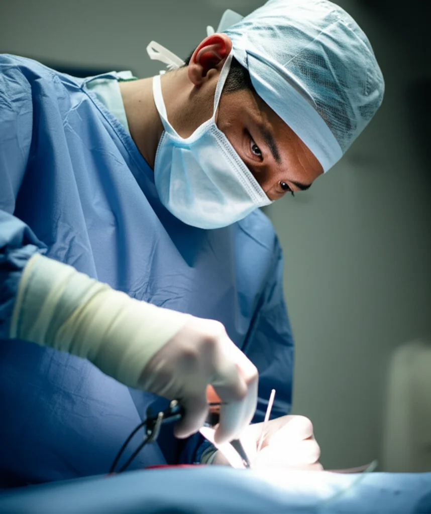 Un giovane studente di medicina, visibilmente stanco ma concentrato, mentre esegue una sutura in un pronto soccorso affollato. Luce fredda da sala operatoria, dettagli nitidi sullo strumentario medico. Prime lens, 35mm, depth of field, duotone blu e grigio.